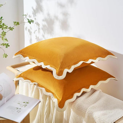 MONDAY MOOSE Decorative Throw Pillow Covers Cushion Cases, Set of 2 Soft Velvet Scalloped Wavy Edge Designs, Mix and Match for Home Decor, Pillow Inserts Not Included (Cream/Honey, 18x18 inch)