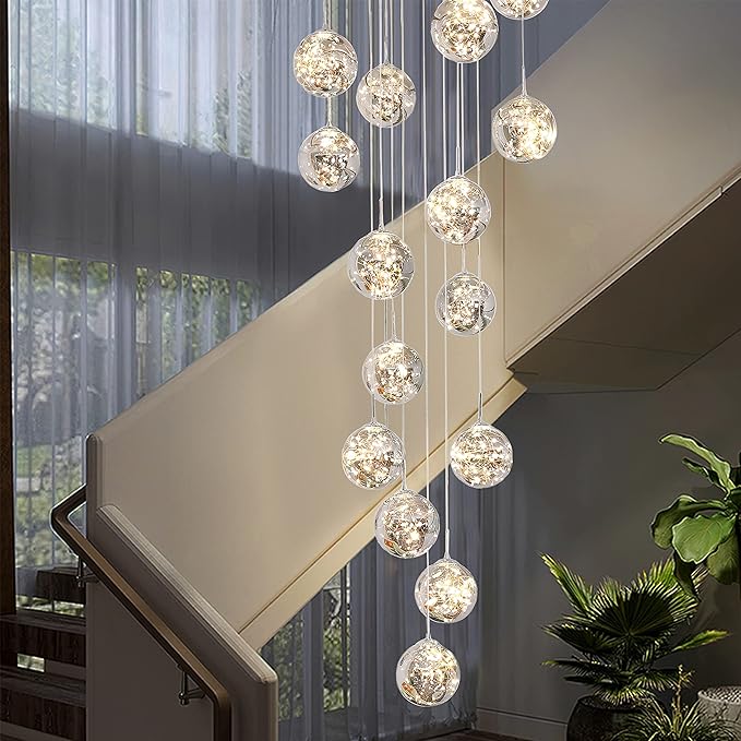 15-Light LED Staircase Chandelier Crystal Ceiling Lights Large Chandeliers for High Ceilings, Entryway Modern Lighting Fixture Villas and Stairs, Adjustable Length 23" W x100 H,75W