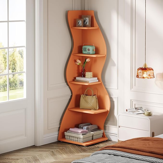 Tribesigns Wavy Corner Shelf, Modern 5-Tier Bookshelf Bookcase with Curvy Shape, Unique Plant Stand Display Rack for Living Room Small Space (Orange)