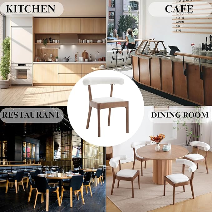 Wood Dining Chairs Set of 4, Mid Century Modern Living Room Chairs with Unique Curved Open Back Comfy Upholstered Side Chair for Kitchen/Restaurant/Reception, Linen White