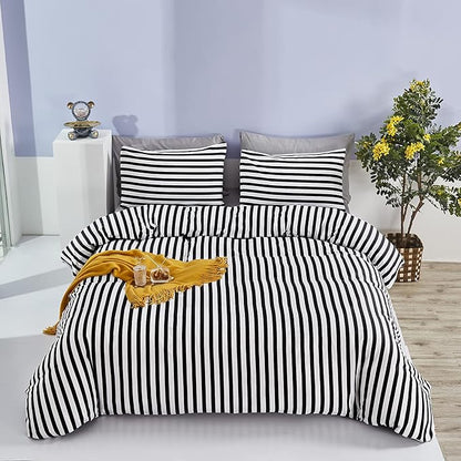 CLOTHKNOW Striped California King Comforter Set Black White Bedding Comforter Sets All Season Farmhouse Ticking Comforter with 2 x Pillow Cases