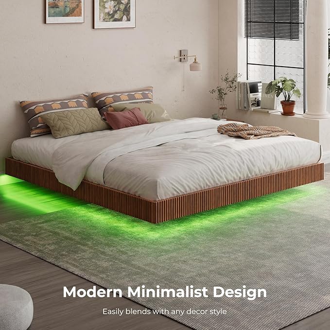 Evermagin Walnut King Floating Bed Frame with led Lights, Mid Century Modern Fluted Floating Platform Bed No Headboard, Heavy Duty Metal Float Bedframe, No Box Spring Needed