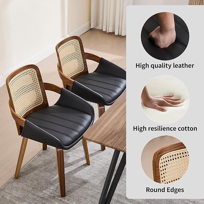 Dining Chairs Set of 2, Mid Century Modern Dining Room Chairs with Arms and Rattan Back PU Leather Upholstered Bentwood Kitchen Chairs for Home Restaurant Office - Black