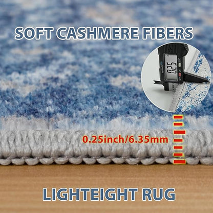 Runner Rug for Hallways Kitchen 2'6"x8' Washable Non Slip: Carpet Non Skid 8ft Entryway Rubber Backed 8 Feet Neutral Abstract Modern Rug Low Pile Pet Friendly Indoor Blue Grey White