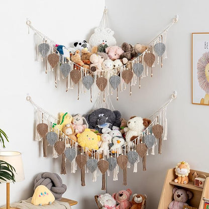 Pretty Jolly Stuffed Animal Storage with Hand Woven Leaf Tassels Hammock Corner Hanging Net Boho Macrame Plush Storage for Kid Room Nursery Decor Wall Display for Girls Gift(Gray&Coffee)