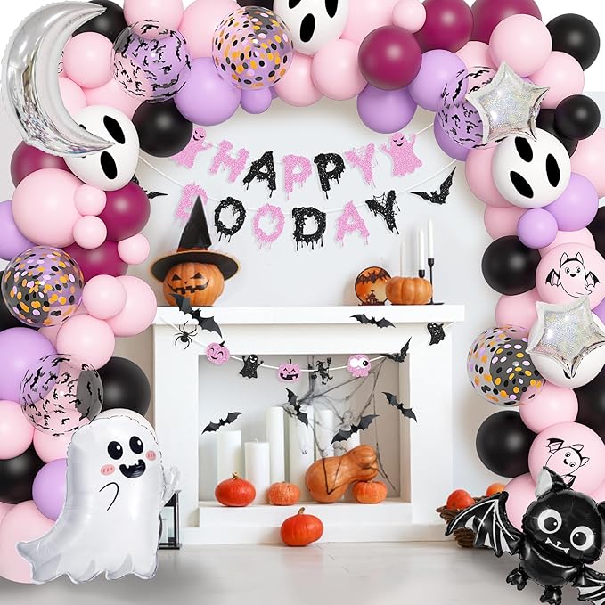 Amandir Pink Purple Halloween Birthday Party Decorations, Happy Boo Day Glitter Banner Halloween Balloon Arch Garland kit Foil Bat Ghost Balloons Cake Topper for Kids Girl Spooky Baby Shower Supplies