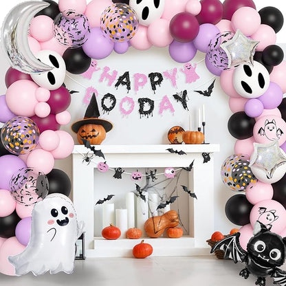 Amandir Pink Purple Halloween Birthday Party Decorations, Happy Boo Day Glitter Banner Halloween Balloon Arch Garland kit Foil Bat Ghost Balloons Cake Topper for Kids Girl Spooky Baby Shower Supplies