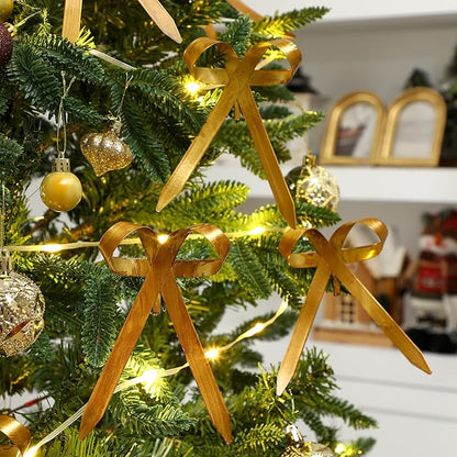 12 Pcs 2025 Metal Christmas Bow Ornaments for Christmas Tree Garland Wreath Bulk Bow with Clip Ornament Vintage Indoor Outdoor Home Xmas Party Decorations, 4 x 5 Inches (Old Gold)