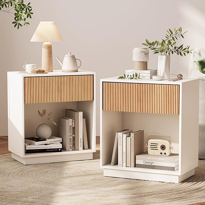 Fluted Nightstands Set of 2, Modern Bedside Table with Drawer and Storage Shelf, Wood End Table Mid Century Night Stands for Bedroom Living Room Office (White+Oak)