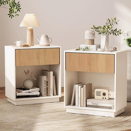 Fluted Nightstands Set of 2, Modern Bedside Table with Drawer and Storage Shelf, Wood End Table Mid Century Night Stands for Bedroom Living Room Office (White+Oak)