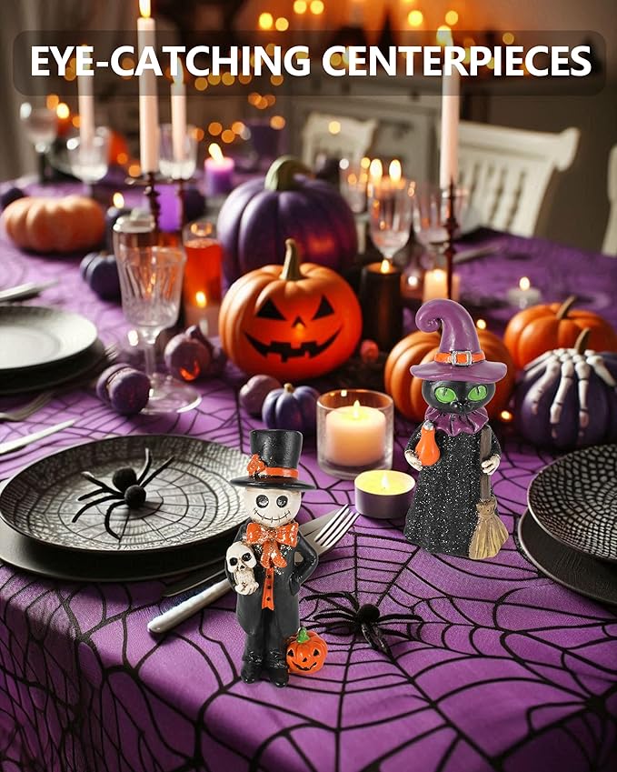 Cute Halloween Decor - 2-Pack 4.5'' Resin Skeleton Gentleman and Witch Broom Figurines - Indoor Halloween Decorations for Home Mantle Fireplace Party Gifts (Ghost & Witch)