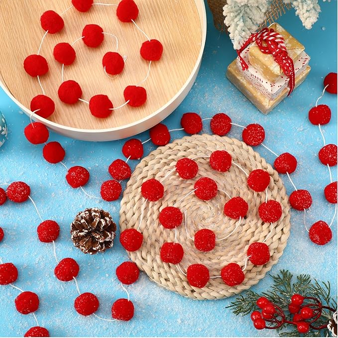 MARFOREVER 4 Pack 26.3 Ft Christmas Red Pom Pom Garland Ornaments, 30 Balls Christmas Felt Garland Hanging Supplies for Xmas Tree School Classroom Fireplace Wall Home Holiday Party Decor