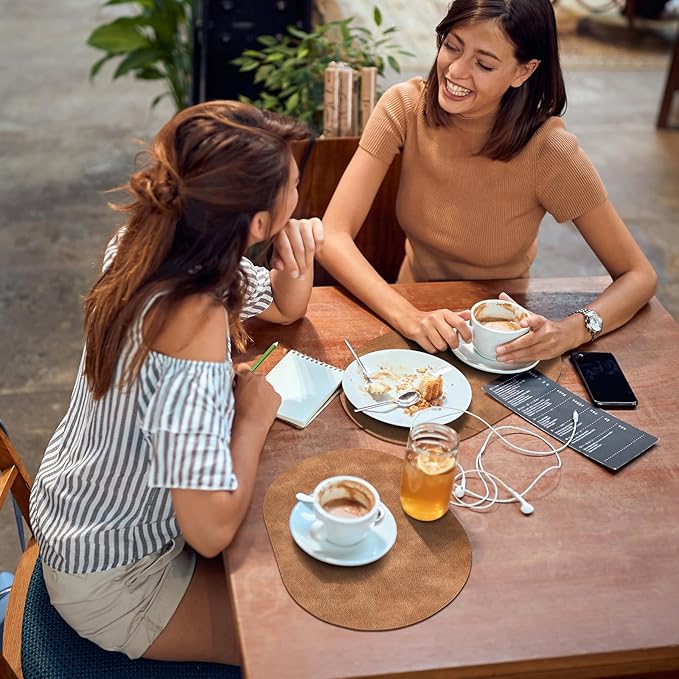 ADRIMER Placemats, Heat Resistant Oval Placemats Set of 6 Washable 12 x 17 Inch, Waterproof Table Mats, Wipeable Pu Place Mats for Kitchen, Dining Room, Sandy Light Brown