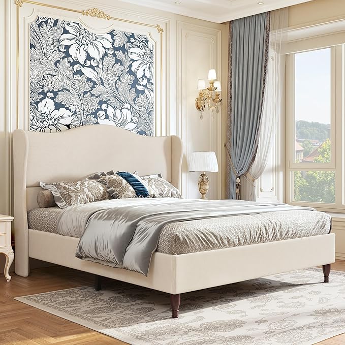 King Size Bed Frame Upholstered Platform Bed with 51" Tall Headboard Wingback, Soft Fabric, Retro Simple Style Platform Bed No Box Spring Needed, Easy Assembly, Beige