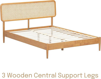 NTC Lupin Wooden Bed Frame with Headboard and Natural Rattan, Solid Oak/Rubber Wood Foundation with Silent Slats, 1000 Lb Capacity, Effortless Assembly (Natural Cane - Rustic Oak, King)