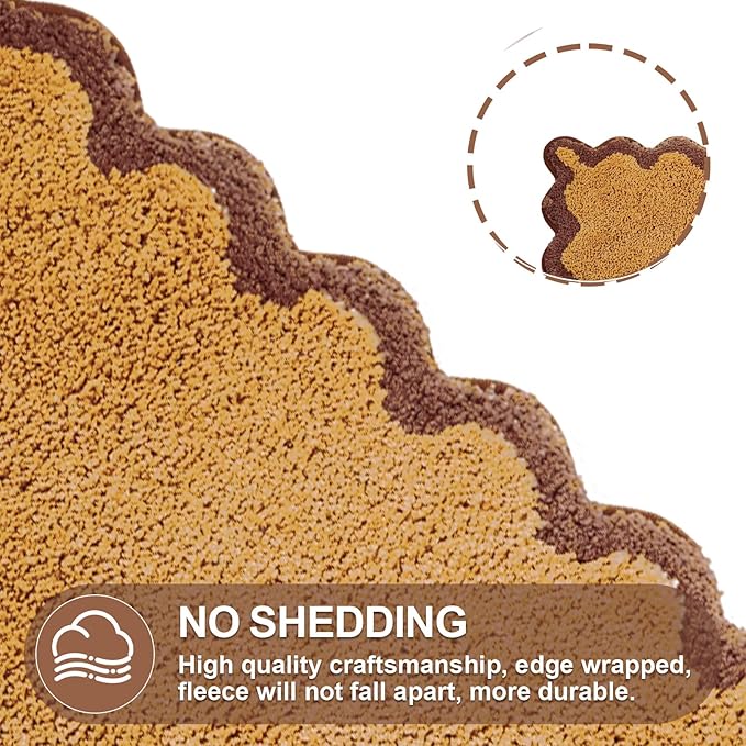 ORTIGIA Cute Scalloped Bath Mat, Fun Plush Microfiber Brown Bathroom Rugs Non Slip Washable Quick Dry Absorbent, Bath Rug for Shower Stall Vanities Kitchen Floor Entrance, 20x32