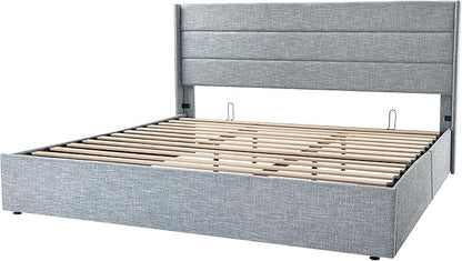 Allewie King Size Lift Up Storage Bed, Modern Wingback Headboard, Hydraulic Support, No Box Spring Needed, Grey Blue