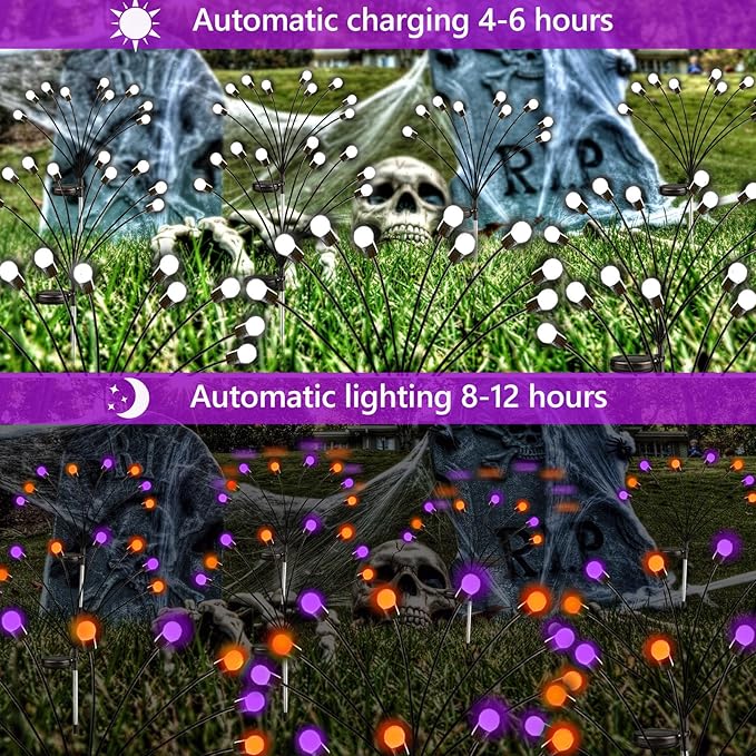Halloween Decorations Outdoor Solar Pathway Lights, 6 Pack 48LED Solar Firefly Lights Orange and Purple, Sway by Wind, Waterproof Solar Halloween Lights for Patio Garden Yard Lawn Horror Party Decor