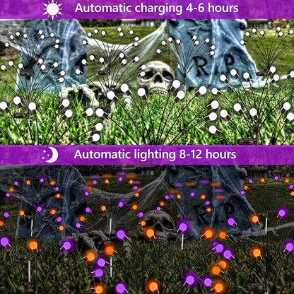 Halloween Decorations Outdoor Solar Pathway Lights, 6 Pack 48LED Solar Firefly Lights Orange and Purple, Sway by Wind, Waterproof Solar Halloween Lights for Patio Garden Yard Lawn Horror Party Decor
