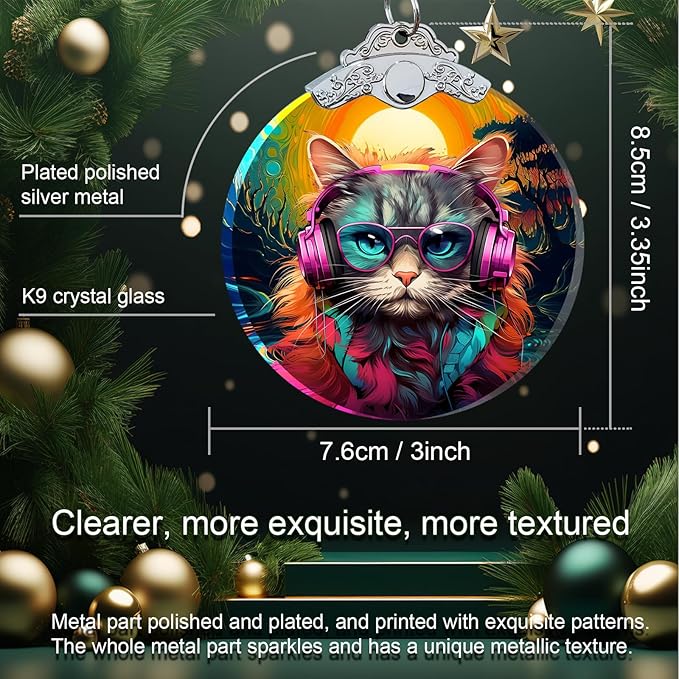 Cat Christmas Ornament Crystal Glass 3" for Christmas Decorations for Pet Lovers - Cat Gifts for Women Men