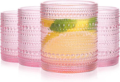 Pink Drinking Glasses Set of 4, 10 oz Hobnail Drinking Glasses - Pink Vintage Glassware for Beer, Cocktail, Soda, Juice, Coffee and Various Mixed Drinks