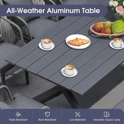 PURPLE LEAF 11 Pieces Patio Dining Table Set Wicker Outdoor Furniture Rectangular Table and Chairs Set for Garden Deck Aluminum Frame Backyard Kitchen Set, Cushions and Pillows Included Grey
