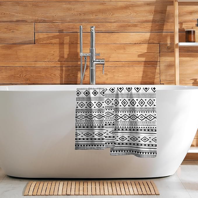 Black and White Tribal Kitchen Towels Aztec Geometric Stripe Set of 2