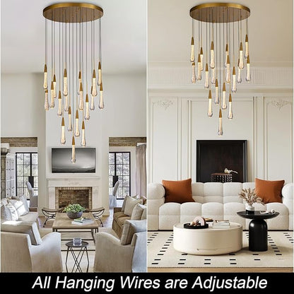 Large Raindrop Chandelier for Foyer, Entryway, 19-Light Gold Chandeliers for High Ceilings, Staircase, Luxury Long Big Hanging Light Fixtures with Glass, Brass Pendant Light Fixtures Living Room