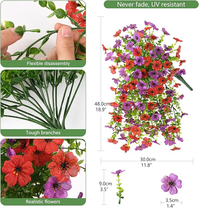INQCMY 2Pcs Artificial Flowers for Outdoors UV Resistant Artificial Plants Easy Assembly for Spring Decor Look Real Faux Hanging Flowers for Outside Home Planter Porch Patio Decor
