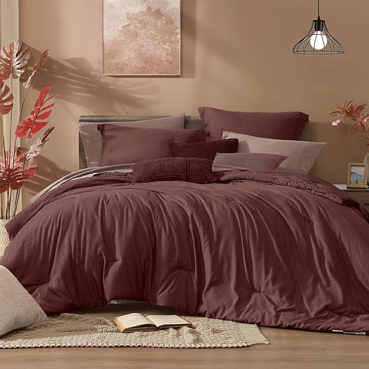 Monbix Queen Comforter Set - 7 Pieces Cationic Dyeing Dark Red Bed in a Bag Queen Bedding Sets with Comforter, Sheets, Pillowcases & Shams, Reversible Bedding Comforters Sets