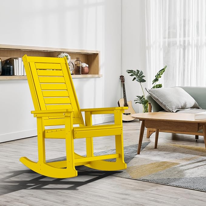 GREENVINES Outdoor Rocking Chairs | Set of 2 | Porch Rocker | HDPE Plastic | Yellow | Oversized Rockers | High Back | Big & Tall | Ladder Back | for Patio Outside Backyard Balcony Garden