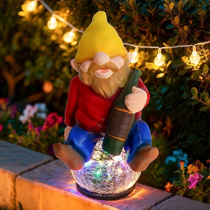 Drinking Gnome Solar Garden Statue - Funny Gnome Figurine with Colorful Crackle Ball LED Light - Perfect Novelty Patio Decor and Gag Gifts - Hilarious Christmas House Warming Gifts New Home