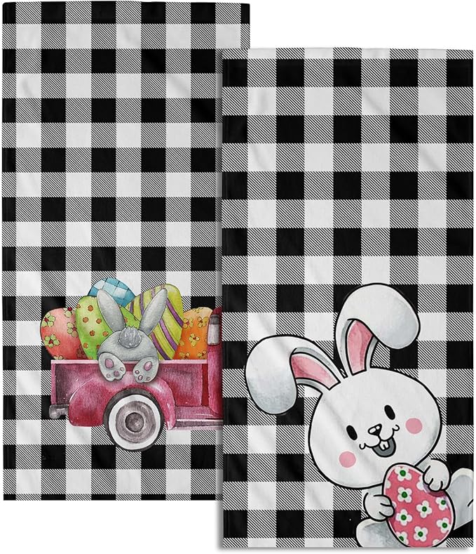 Easter Bunny Hand Towels 2 Pack Pickup Truck Decorative Buffalo Plaid Holiday Soft Absorbent Kitchen 14x28