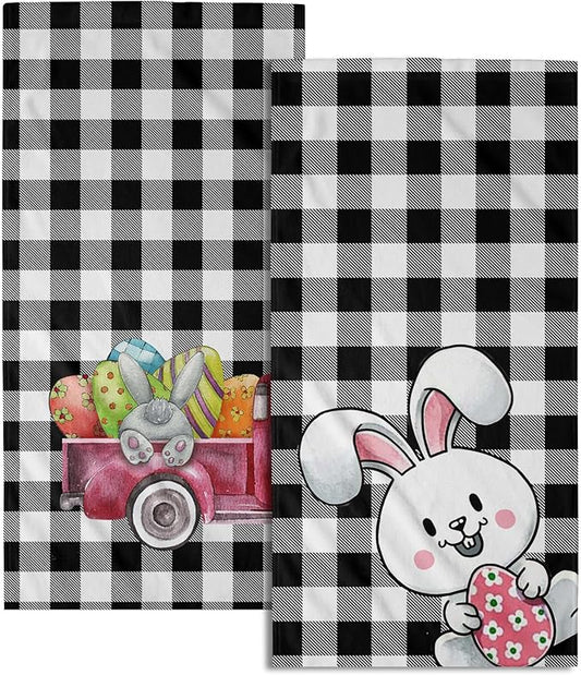 Easter Bunny Hand Towels 2 Pack Pickup Truck Decorative Buffalo Plaid Holiday Soft Absorbent Kitchen 14x28