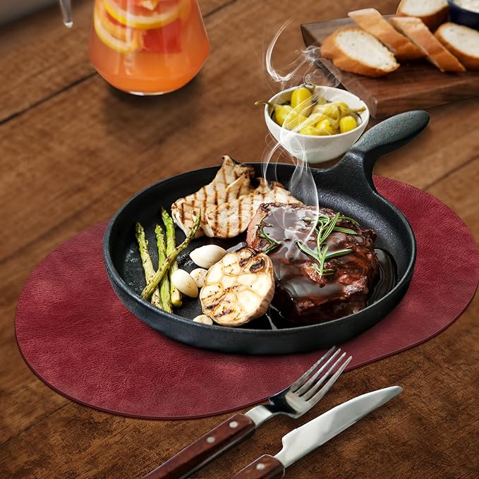 ADRIMER Placemats, Heat Resistant Oval Placemats Set of 8 Washable 12 x 17 Inch, Waterproof Table Mats, Wipeable Pu Place Mats for Kitchen, Dining Room, Wine Red