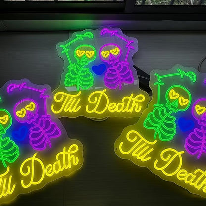 Skull Till Death Neon Sign, Halloween Wall Sign, Horror Decor Wall Skull Neon Sign Engagement Party Decor Til Death Do Us Party