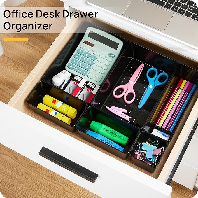 Vtopmart 25 PCS Desk Drawer Organizers Set, 4-Size Versatile Plastic Drawer Organizer Desk Accessories Office Organizers and Storage, Bathroom, Makeup, Vanity, Black