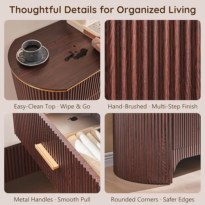 Fluted 6 Drawer Dresser for Bedroom with Curved Profile Design,53.9" W Chest of Drawers with Reeded Texture,Wide Storage Cabinet with Smooth-Glide Drawers,gold metal handle or Living Room,Brown Oak