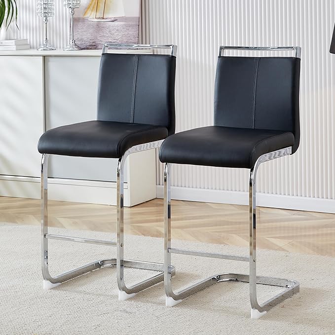 Bar Stools Set of 2,25" Counter Height Bar Stools with Footrest,Black Faux Leather Kitchen Stool with Chrome Plated Metal Leg,Counter Height Stool Ideal for Island Pub Kitchen Counter Dining Chair