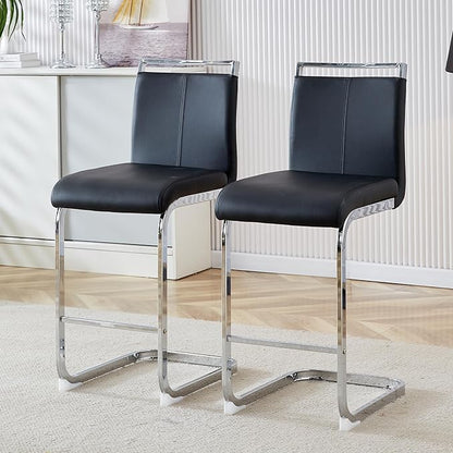 Bar Stools Set of 2,25" Counter Height Bar Stools with Footrest,Black Faux Leather Kitchen Stool with Chrome Plated Metal Leg,Counter Height Stool Ideal for Island Pub Kitchen Counter Dining Chair