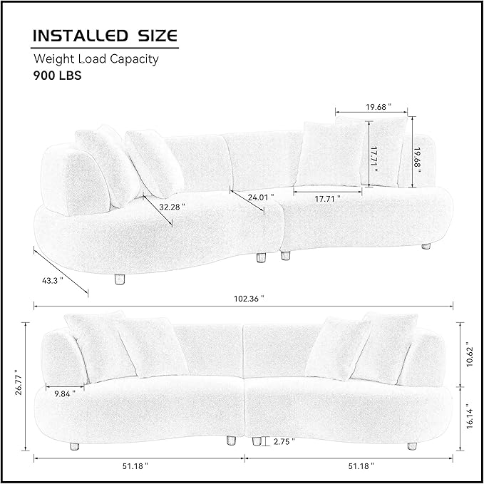 KEIKI 102" Curved Oversized Boucle Modular Sectional Sofa with 4 Throw Pillows, Mid-Century Style 4-Seater Upholstered Corner Plush Comfy Couch, Easy Assembly, for Apartment, Living Room, Green
