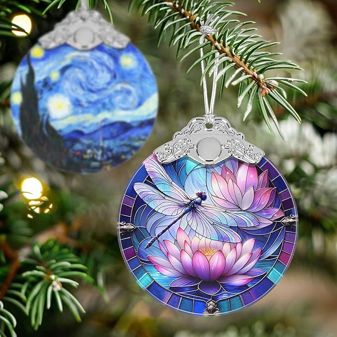 Stained Glass Dragonfly on Lotus Flower Ornament - Christmas Tree Decor Idea