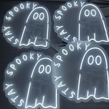 Ghost holding a cat Stay Spooky Neon Sign, Funny Halloween Party Wall Decor, Spooky Season Room Sign for Boo Wall Decor Neon Light for Bar Man Cave Home Yard Decoration Funny Spooky Vibes-White