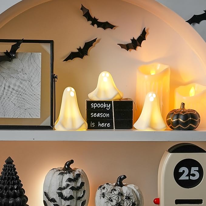 Ghost Decor, 3Pcs Light Up Ghosts for Indoor Halloween Decorations, Battery Powered White Mini Ghost Figurines with LED for Spooky Halloween, Home Tabletop Shelf Centerpieces