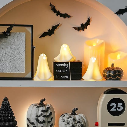 Ghost Decor, 3Pcs Light Up Ghosts for Indoor Halloween Decorations, Battery Powered White Mini Ghost Figurines with LED for Spooky Halloween, Home Tabletop Shelf Centerpieces