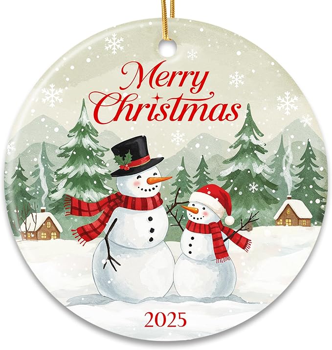 ZAGKOO Snowman Christmas Ornament 2025 - Merry Christmas Dated 2025 Ornaments for Tree, Beautiful Snowman Gifts for Family, Friends, Coworkers - Ceramic Hanging Ornament for Holiday Decoration