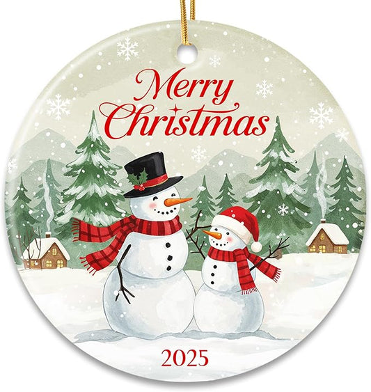 ZAGKOO Snowman Christmas Ornament 2025 - Merry Christmas Dated 2025 Ornaments for Tree, Beautiful Snowman Gifts for Family, Friends, Coworkers - Ceramic Hanging Ornament for Holiday Decoration