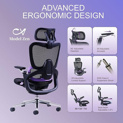 Ergonomic Office Chair, Mesh Home Desk Chair with Adjustable Lumbar Support, Big and Tall Gaming Chair with 4D Headrest, 5D Armrest,90-130°Tilt, BIFMA Certified, Model Zen (Purple)
