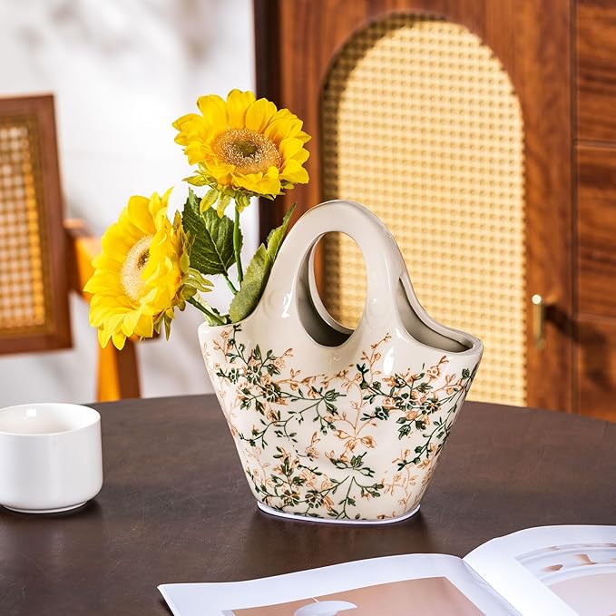Ceramic Purse Vase for Flowers, Cute Handbag Vases, Vintage Green and Beige Floral Vase, Rustic Farmhouse Vases for Living Room, Kitchen, Bedroom, Table Centerpiece, Chinoiserie and Tuscan Decor 9 in