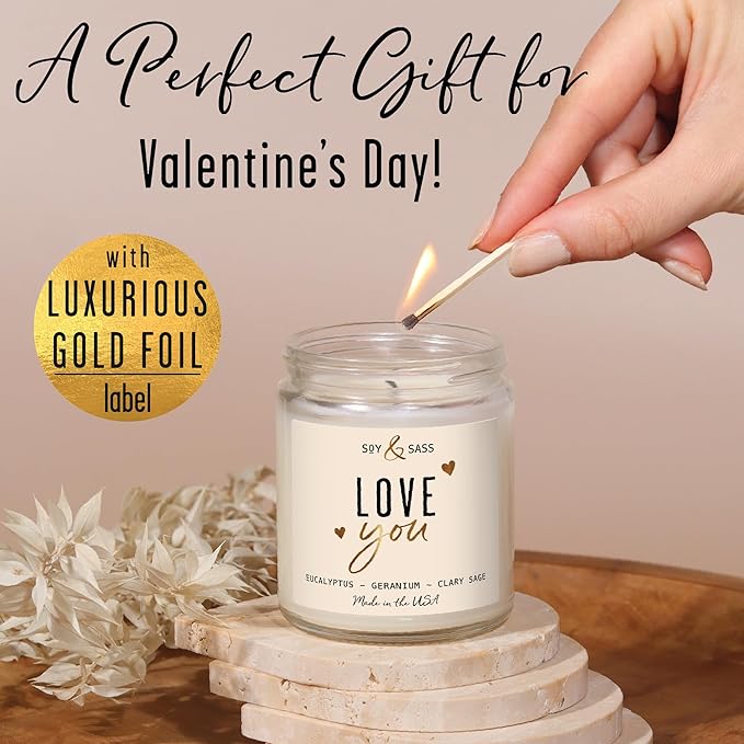 Valentines Day Gifts for Her, Valentine Candles -I Love You Candle, w/Eucalyptus & Geranium I I Love You Gifts for Her I Valentines Day Candle for Wife, Girlfriend I 9oz, 50Hr Burn, USA Made